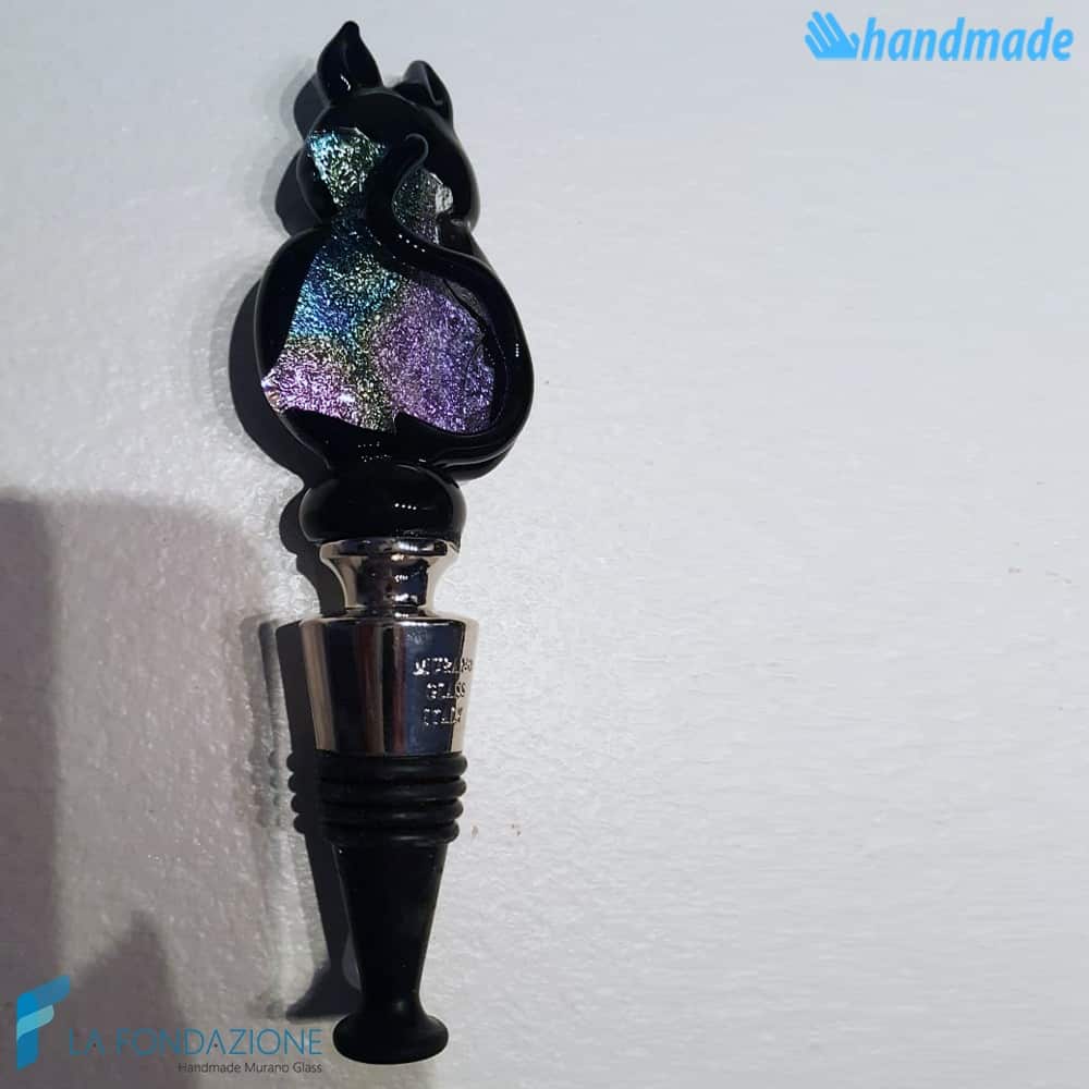Bottle cap Cat Dichroic black base made in Murano glass - CAPS00014