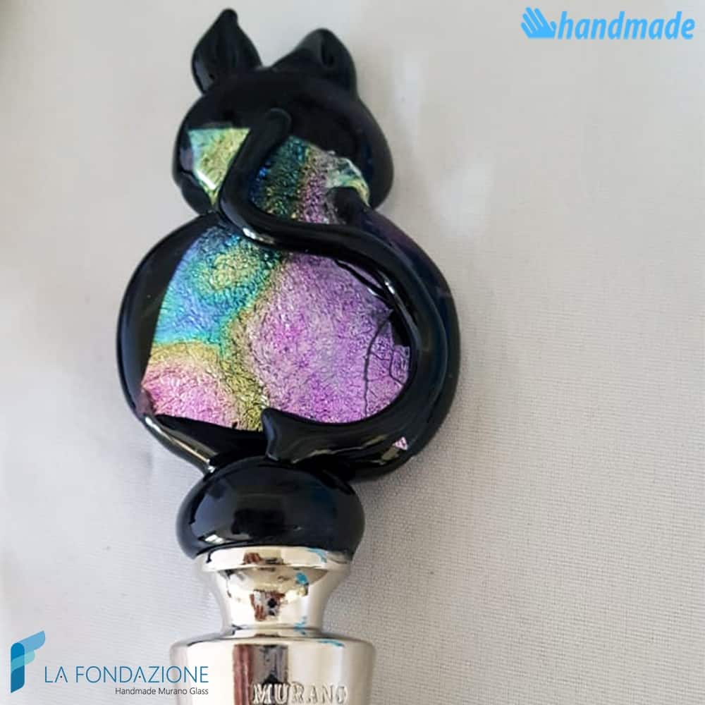 Bottle cap Cat Dichroic black base made in Murano glass - CAPS00014