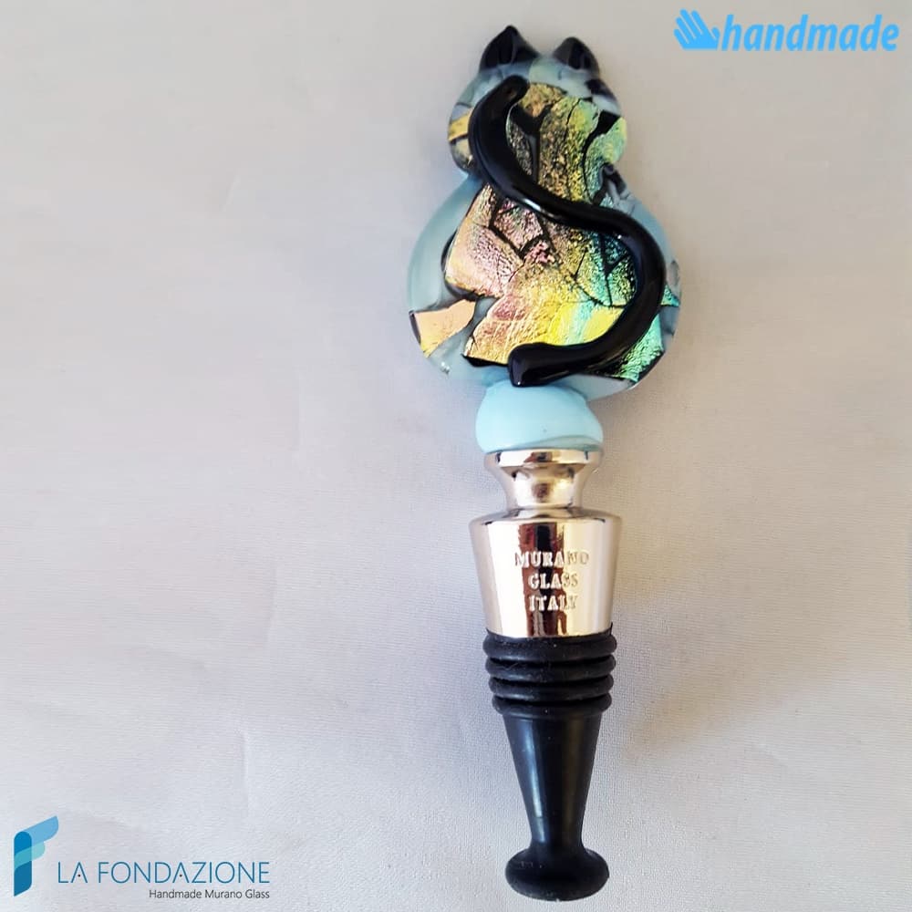 Bottle cap Cat Dichroic light blue made in Murano glass - CAPS00016