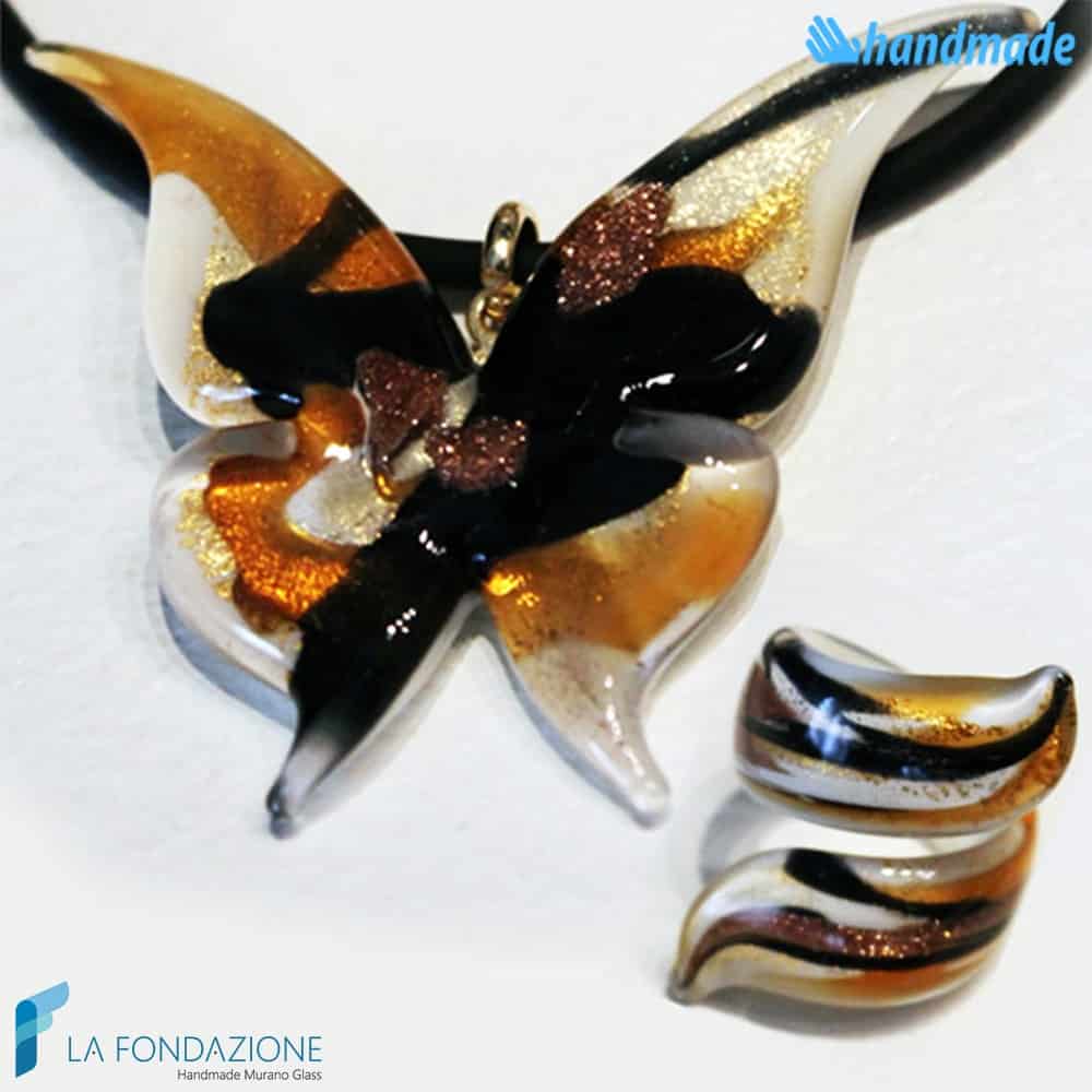 Parure Butterfly with pendant and ribbon ring made in Murano glass - PARU0030