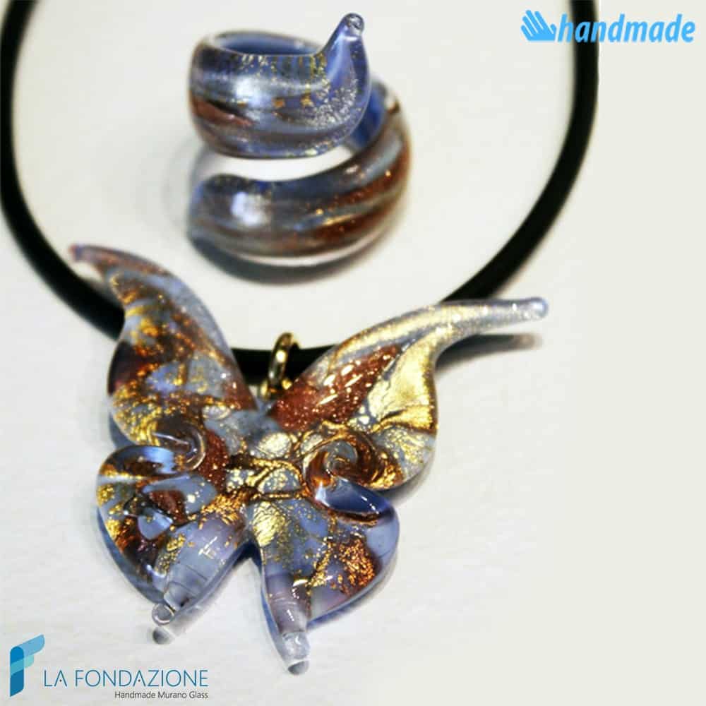 Parure Butterfly with pendant and ribbon ring made in Murano glass - PARU0030