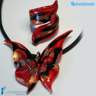 Parure Butterfly with pendant and ribbon ring made in Murano glass - PARU0030