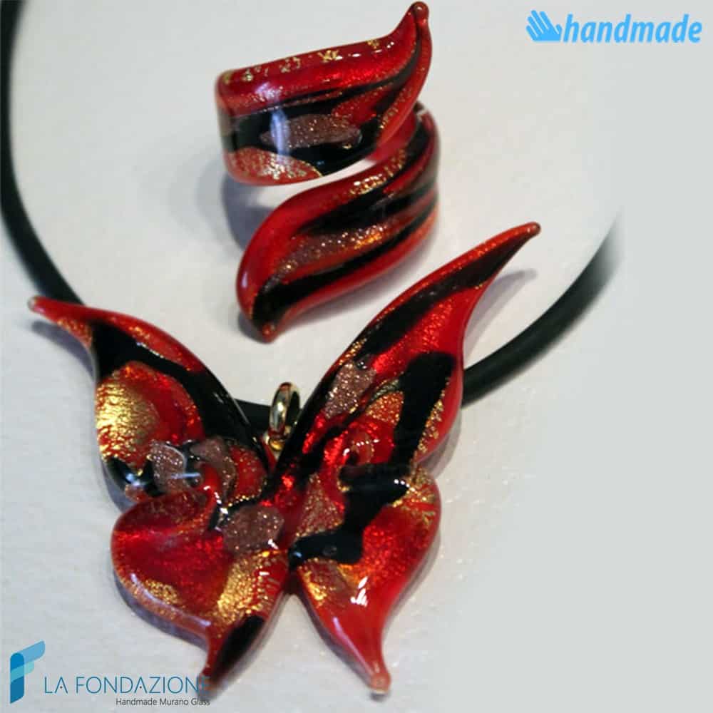 Parure Butterfly with pendant and ribbon ring made in Murano glass - PARU0030