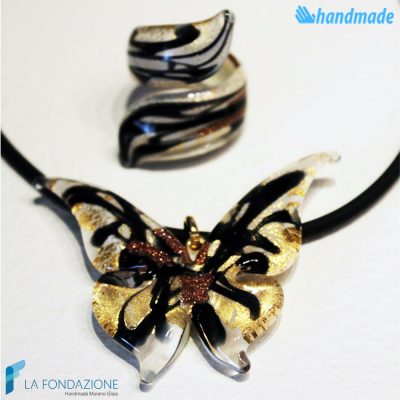 Parure Butterfly with pendant and ribbon ring made in Murano glass - PARU0030
