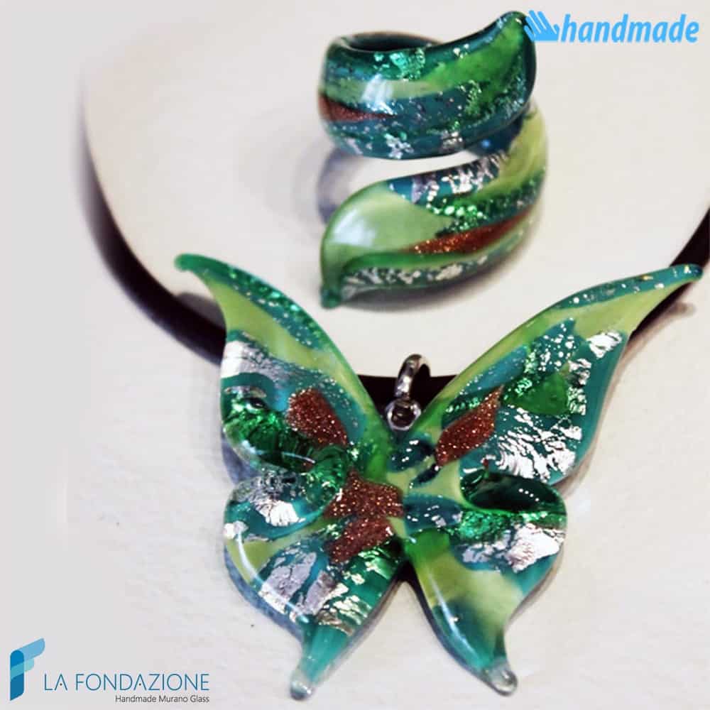 Parure Butterfly with pendant and ribbon ring made in Murano glass - PARU0030