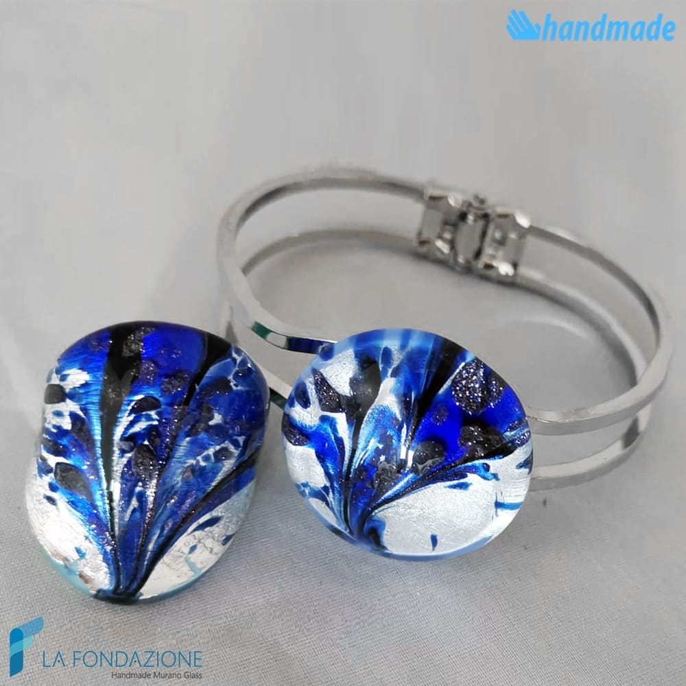Parure Pavone Asso con anello e bracciale rigido in vetro di Murano - PARU0043