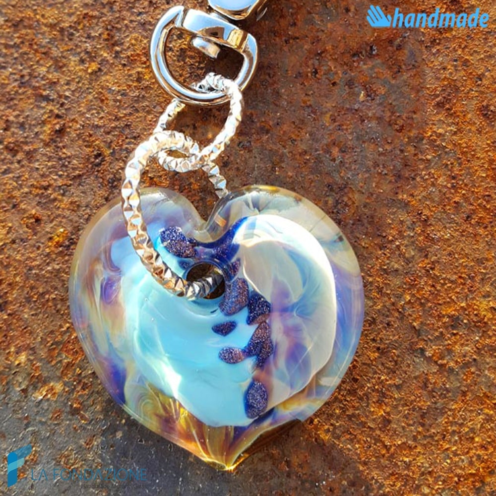 Portachiavi Calcedonio Cuore Azzurro in vetro di Murano - KEY011
