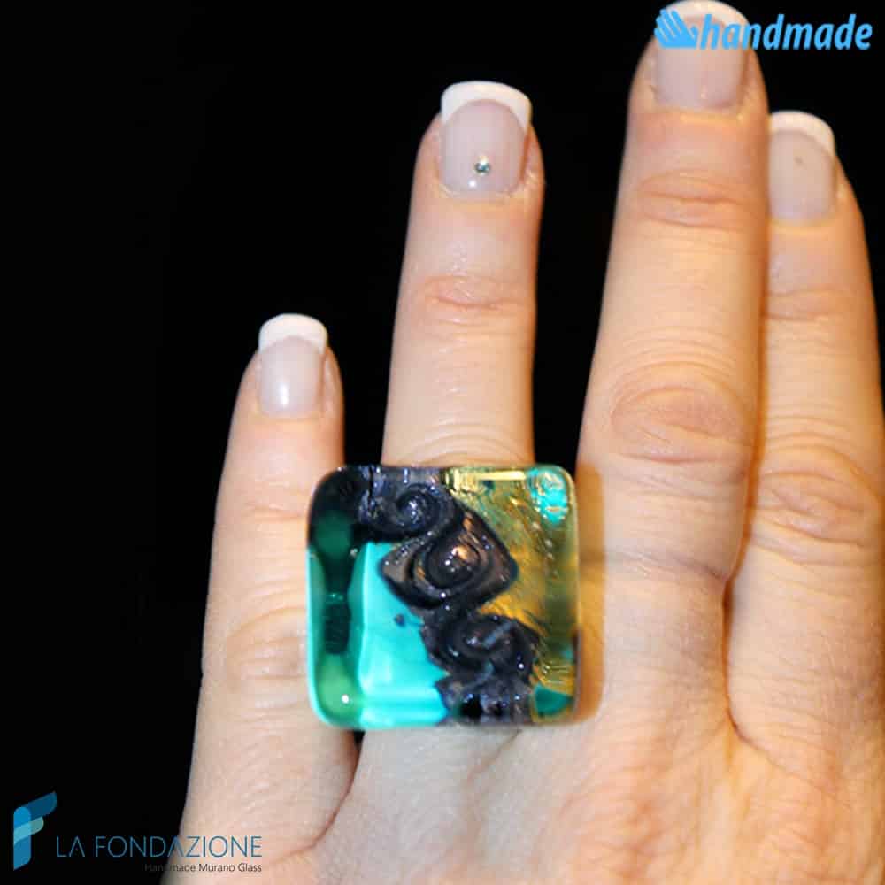 Anello Cubo Tre Vortici Acquamarina in vetro di Murano - RINGS0078