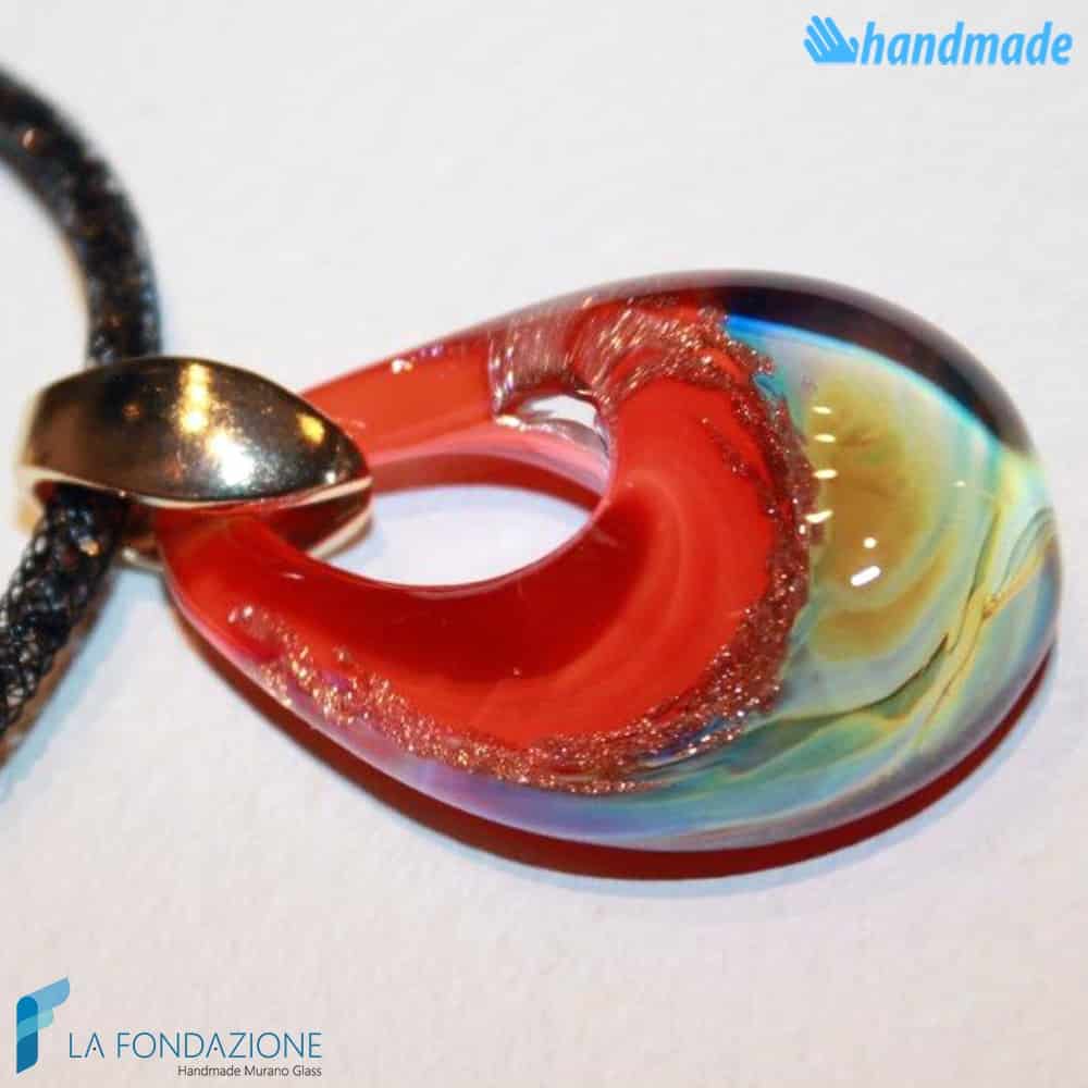 Pendente Goccia Calcedonio Rosso con collarino in rete di cristalli in vetro di Murano - PEND0054