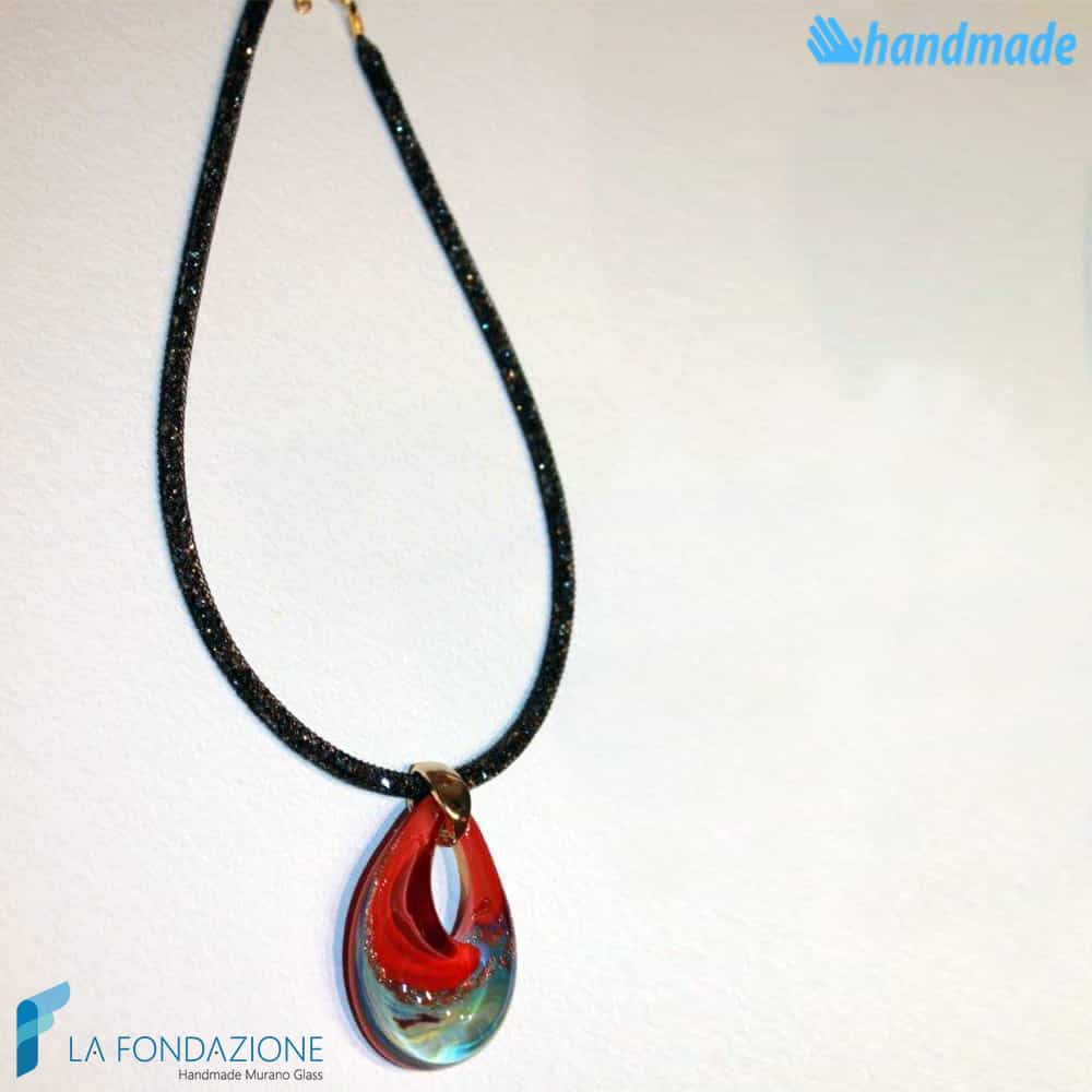 Pendente Goccia Calcedonio Rosso con collarino in rete di cristalli in vetro di Murano - PEND0054