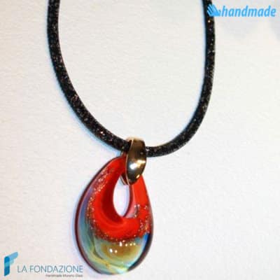 Red drop-shaped pendant in Chalcedony with crystal net collar made in Murano glass - PEND0054