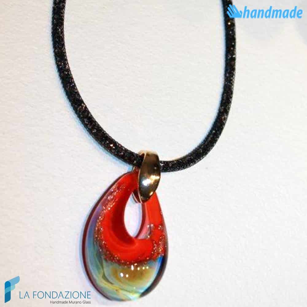 Pendente Goccia Calcedonio Rosso con collarino in rete di cristalli in vetro di Murano - PEND0054