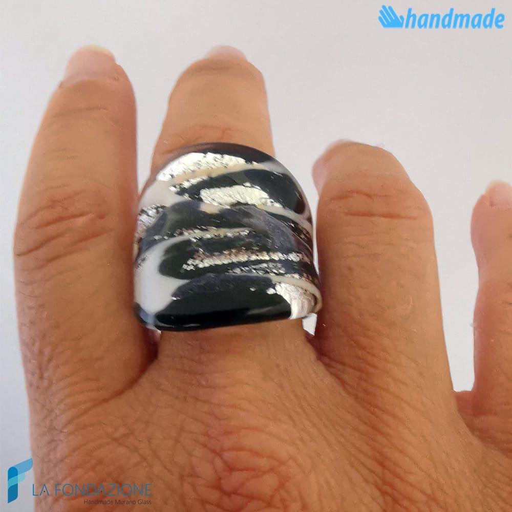 Zebra - Anello fedina a fascia in vetro di Murano - RINGS0097