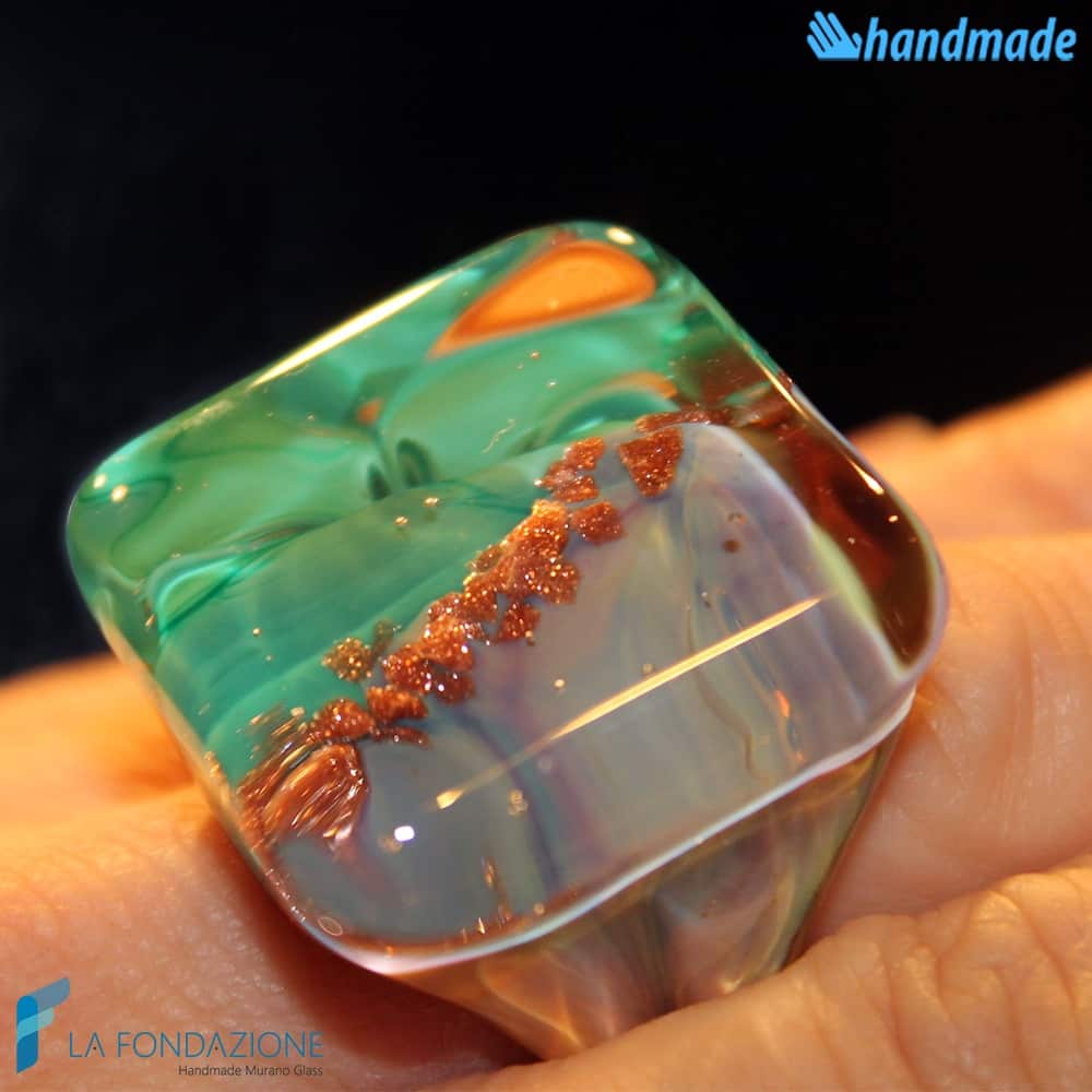 Anello Cubo Calcedonio Verde Ottanio in vetro di Murano - RINGS0098