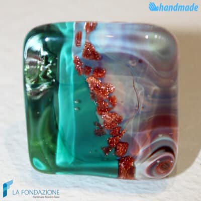 Teal Green Chalcedony Cube Band Ring made in Murano glass - RINGS0098