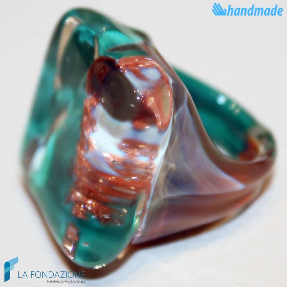 Teal Green Chalcedony Cube Band Ring made in Murano glass - RINGS0098