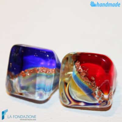 Pair of Blue and Red Chalcedony Cube Band Ring – Handmade Murano glass band ring with aventurine made in Venice Italy - RINGS0099