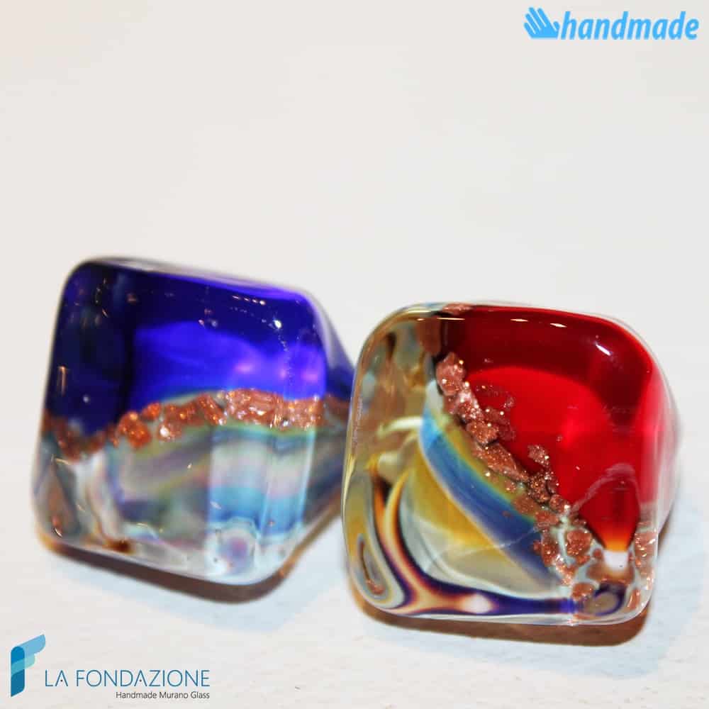 Coppia Cubo Calcedonio Blu e Rosso in vetro di Murano e avventurina fatto a mano - RINGS0099
