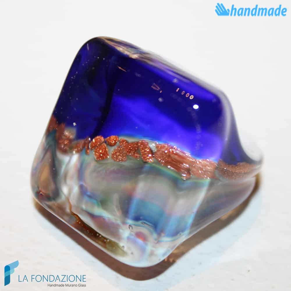 Pair of Blue and Red Chalcedony Cube Band Ring – Handmade Murano glass band ring with aventurine made in Venice Italy - RINGS0099
