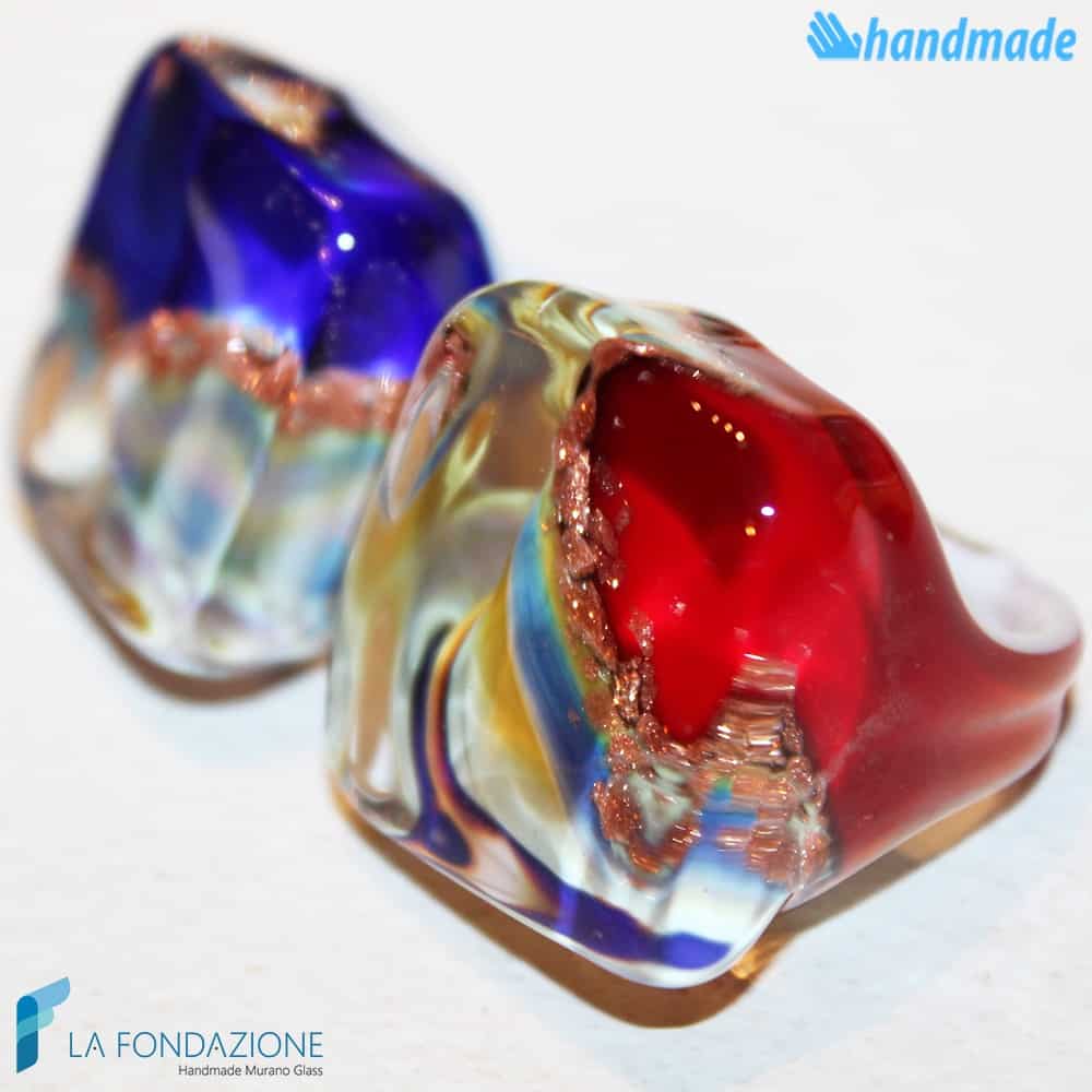 Pair of Blue and Red Chalcedony Cube Band Ring – Handmade Murano glass band ring with aventurine made in Venice Italy - RINGS0099