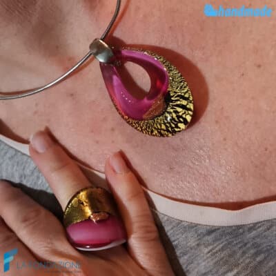Parure Goccia Fucsia oro rotto con collier e anello - La Fondazione snc - PARU0048