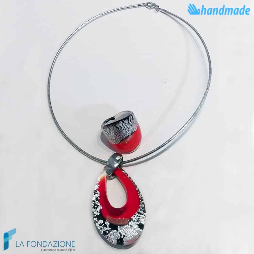 Red silver drop set broken with necklace and ring - La Fondazione snc - PARU0049