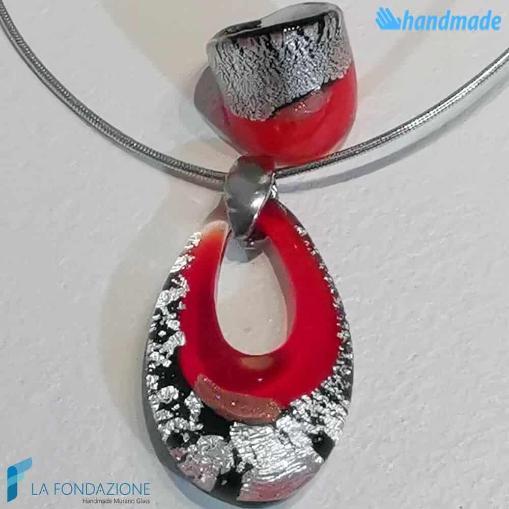 Red silver drop set broken with necklace and ring - La Fondazione snc - PARU0049