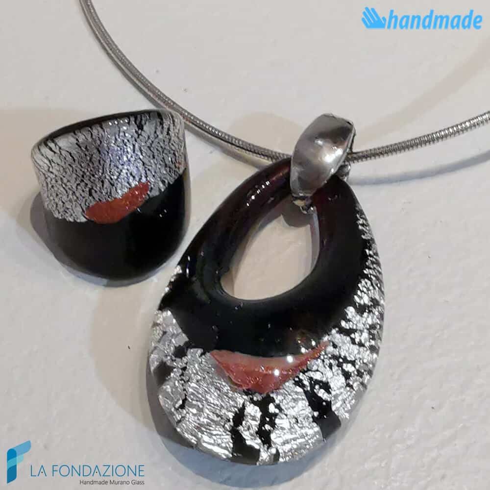 Parure Black drop silver broken with necklace and ring - La Fondazione snc - PARU0050