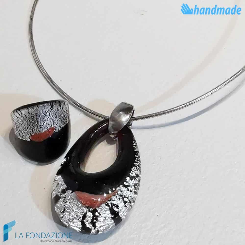 Parure Black drop silver broken with necklace and ring - La Fondazione snc - PARU0050