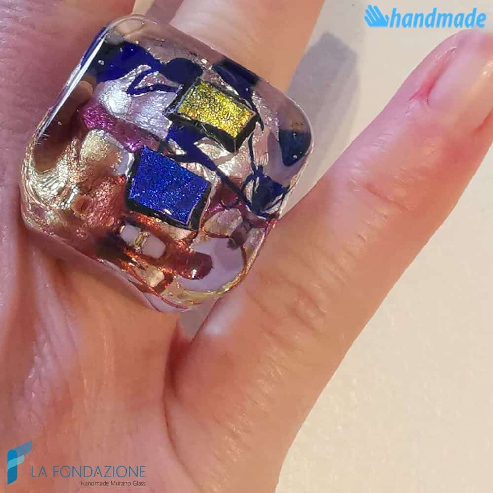 Anello Cubo Dicroico Maxi in vetro di Murano - La Fondazione snc - RINGS0135