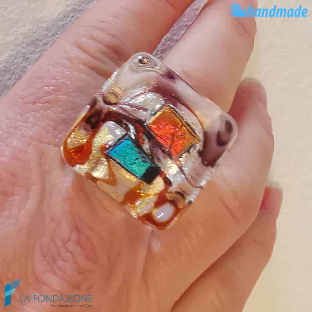 Anello Cubo Dicroico Maxi in vetro di Murano - La Fondazione snc - RINGS0135
