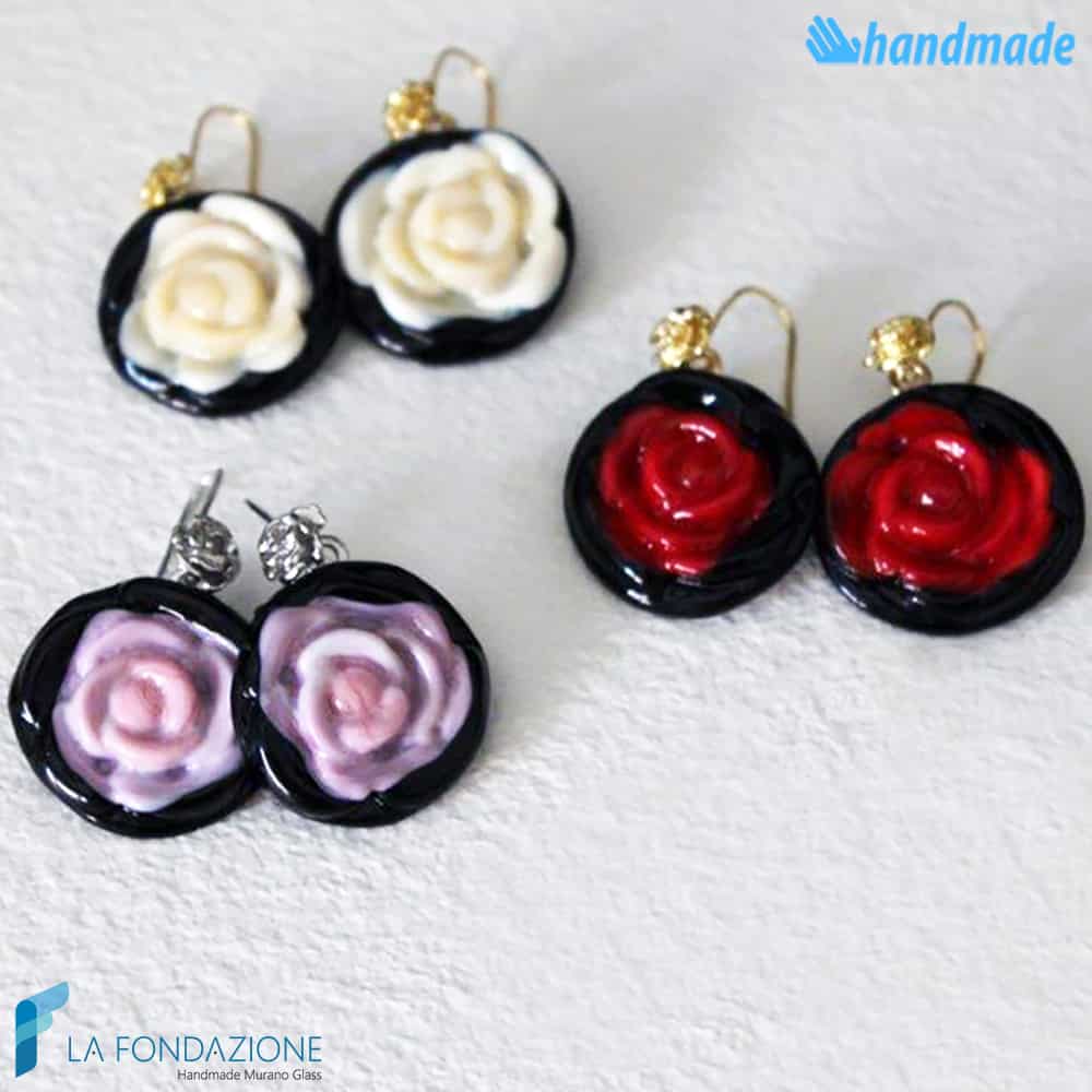 Orecchini Fiore con base nera in vetro di Murano - La Fondazione snc - EARRINGSC0031