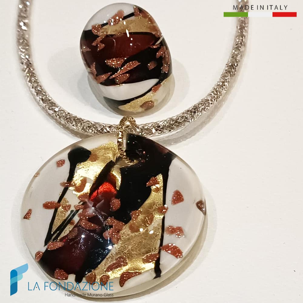 Parure Laguna Ambra con collana e anello in vetro di Murano - La Fondazione snc - PARU0058