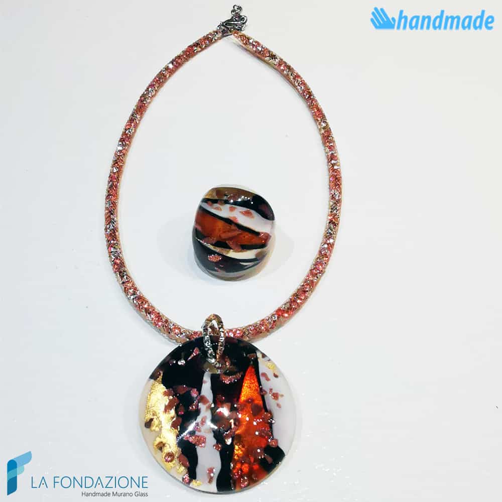Parure Laguna Ambra con collana e anello in vetro di Murano - La Fondazione snc - PARU0058