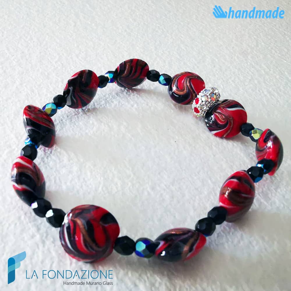 Bracciale Fenicio Rosso/nero con avventurina in vetro di Murano - La Fondazione snc - BRAC0081