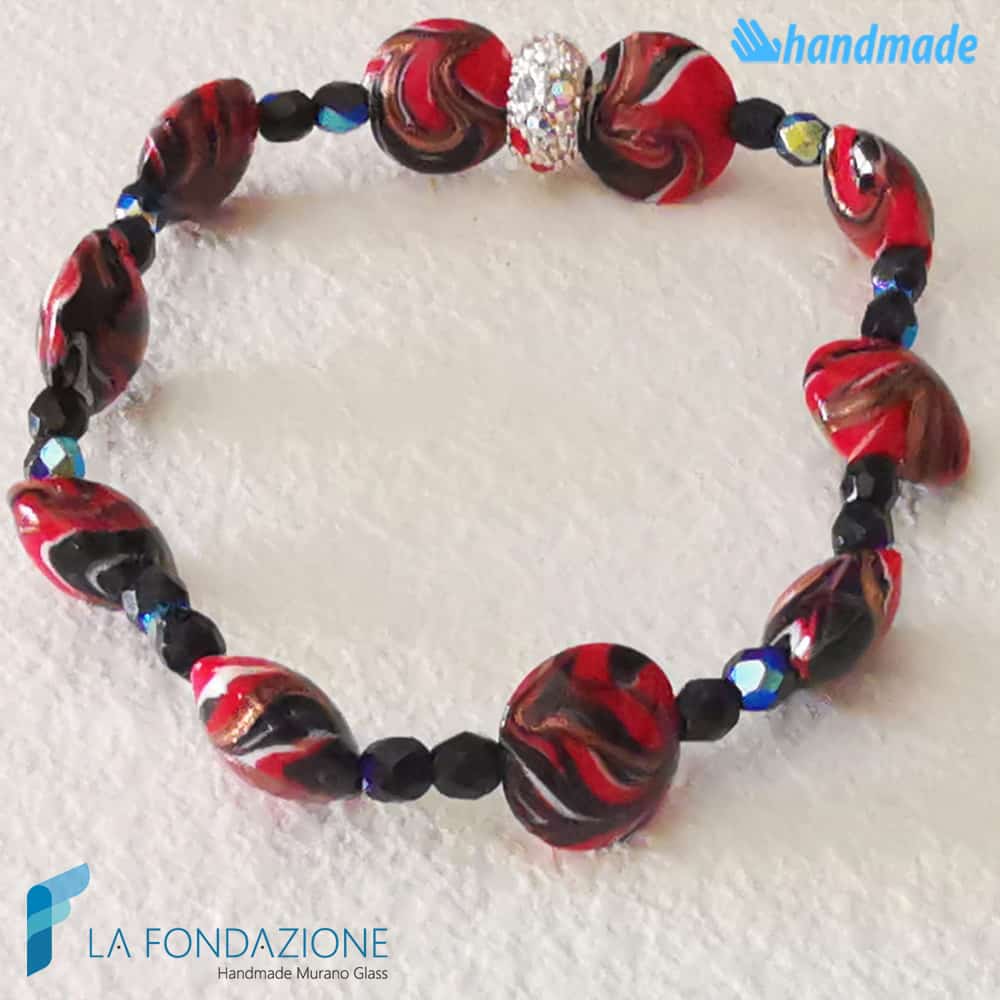 Bracciale Fenicio Rosso/nero con avventurina in vetro di Murano - La Fondazione snc - BRAC0081