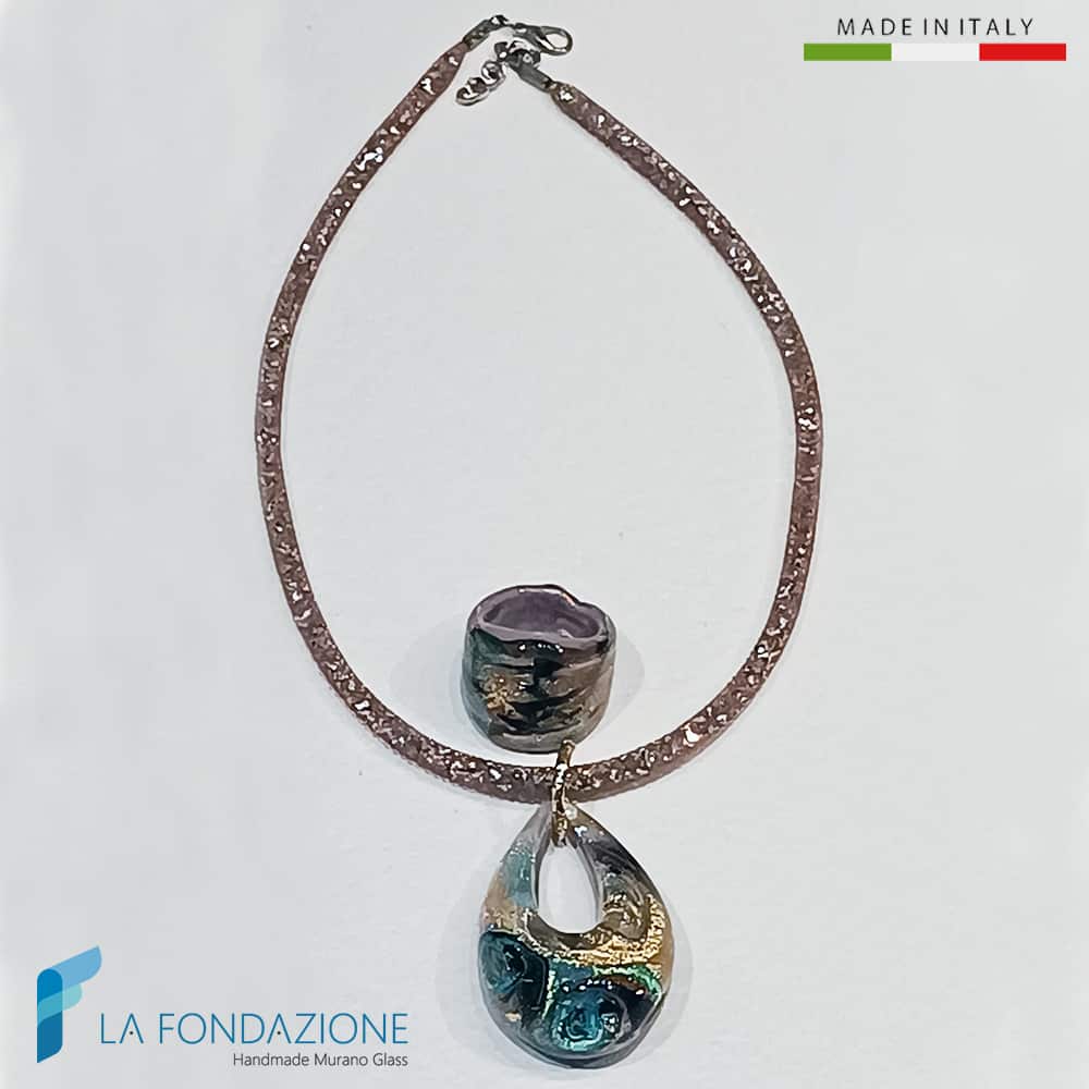 Parure Goccia Vortice Minori Turchese con collana e anello in vetro di Murano - La Fondazione snc - PARU0060