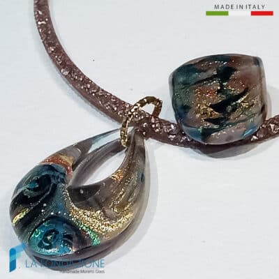 Parure Goccia Vortice Minori Turchese con collana e anello in vetro di Murano - La Fondazione snc - PARU0060