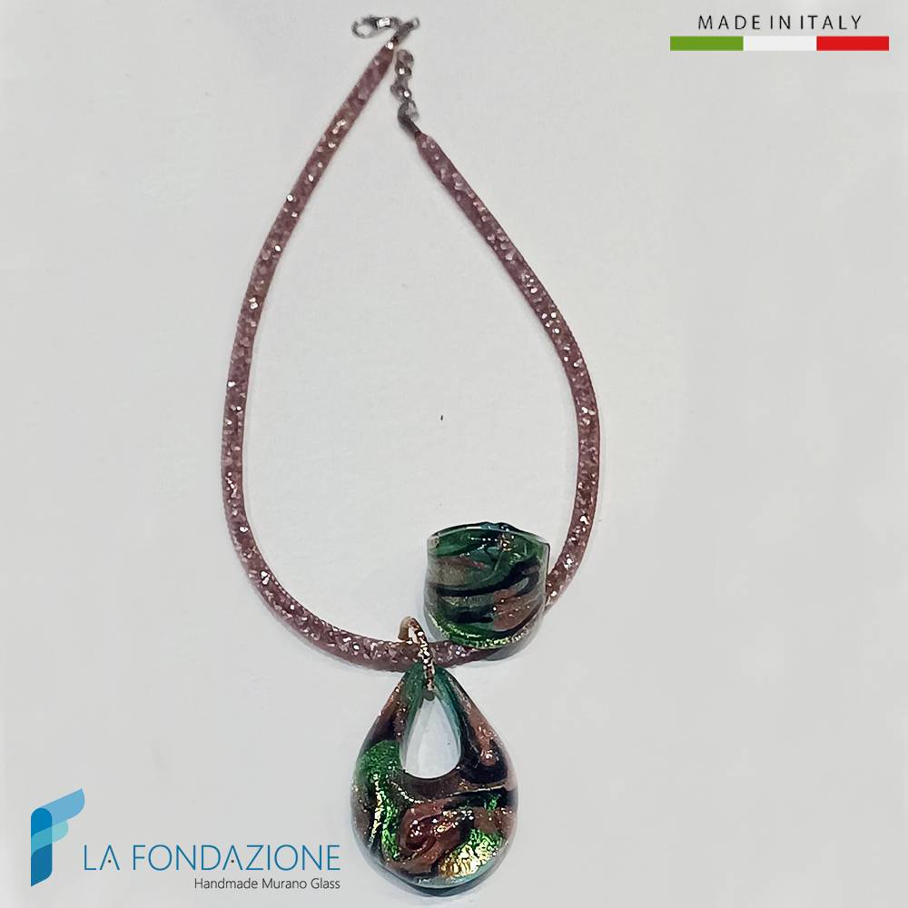 Parure Goccia Vortice Minori Verde con collana e anello in vetro di Murano - La Fondazione snc - PARU0060