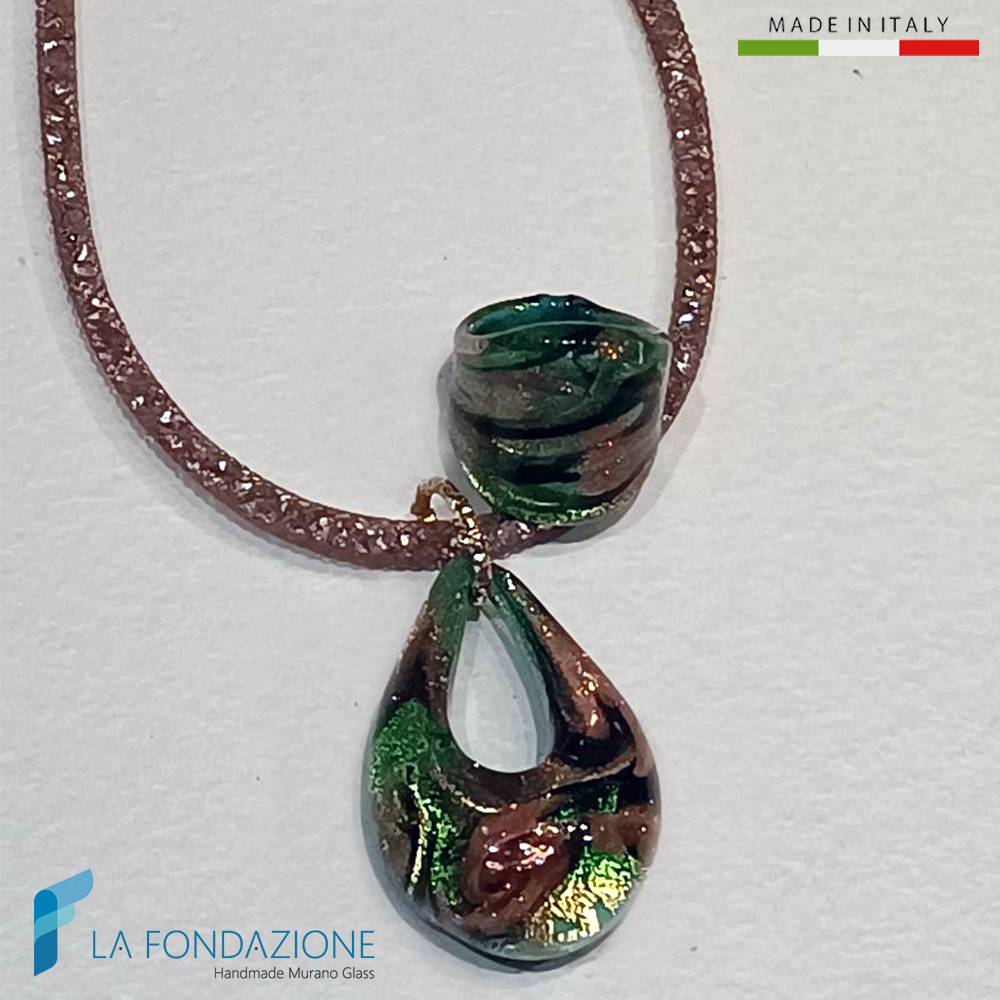 Parure Goccia Vortice Minori Verde con collana e anello in vetro di Murano - La Fondazione snc - PARU0060