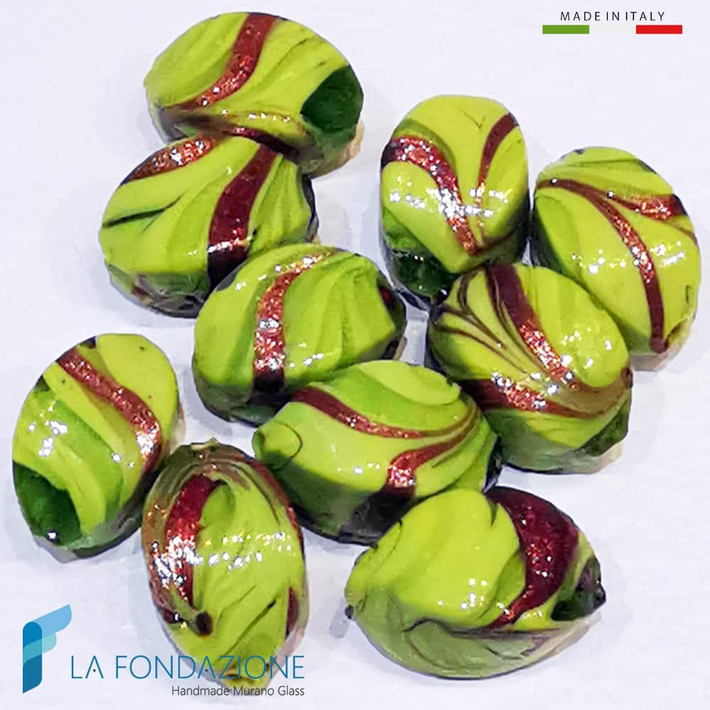 Perle Fenicio Ovali Lime con avventurina in vetro di Murano | La Fondazione snc | PERLA057