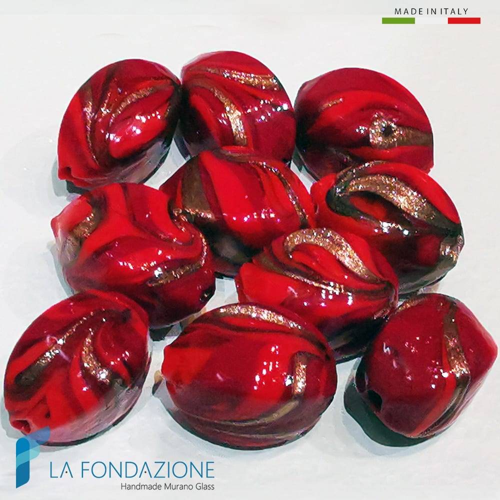 Perle Fenicio Ovali Rosse con avventurina in vetro di Murano | La Fondazione snc | PERLA059