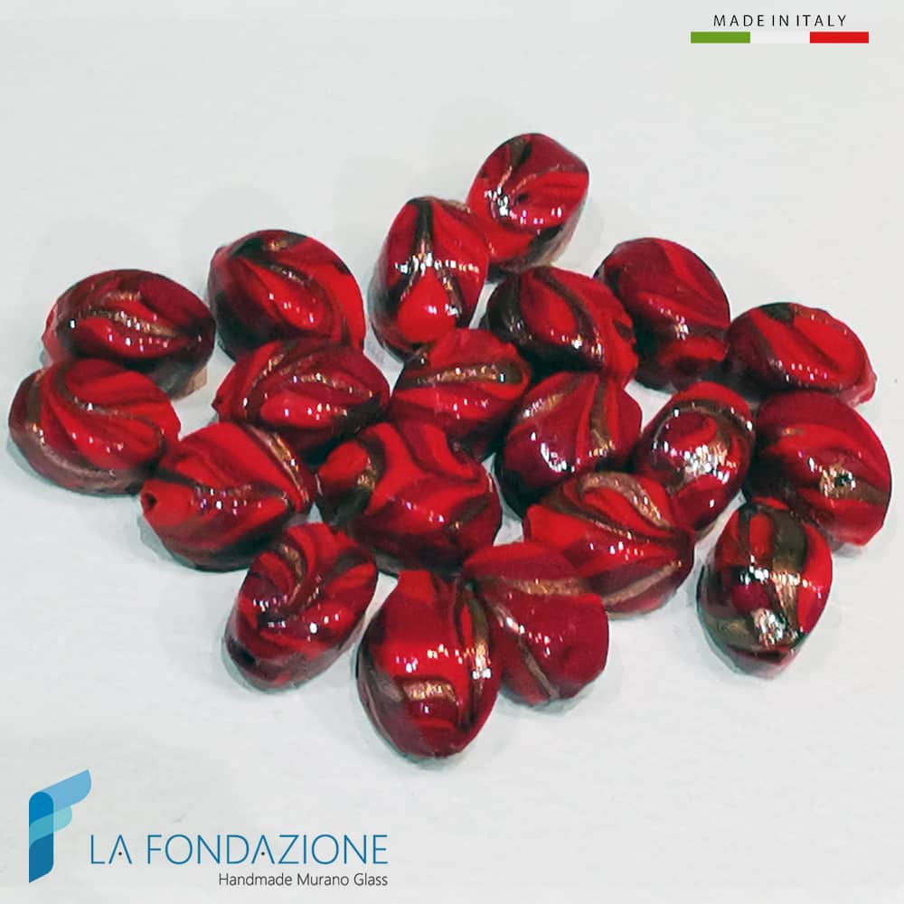 Perle Fenicio Ovali Rosse con avventurina in vetro di Murano | La Fondazione snc | PERLA059